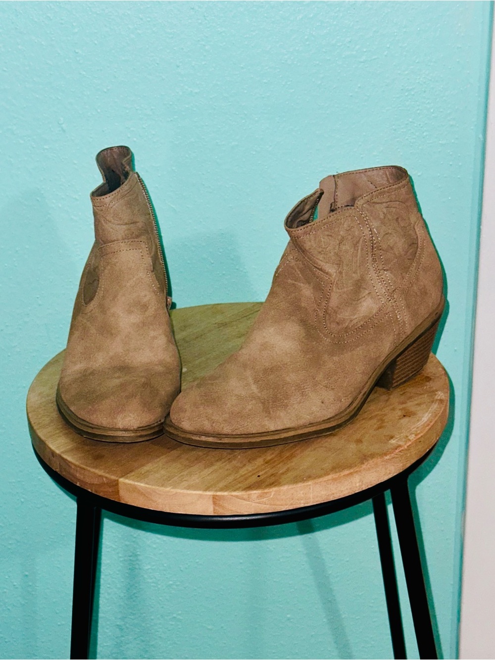 Jessica Cline Taupe Suede Ankle Booties with Stacked Heel
